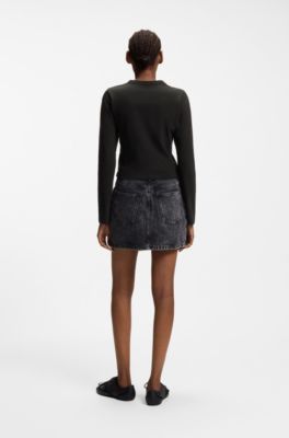 Top van stretchkatoen met Happy HUGO-logo in strassteentjes, Zwart