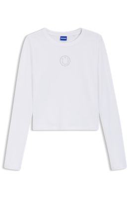 Topp i stretchig bomull med Happy HUGO-logga i strass, Vit