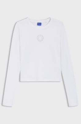 Stretch-cotton top with rhinestone Happy HUGO logo, White