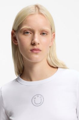 Stretch-cotton top with rhinestone Happy HUGO logo, White