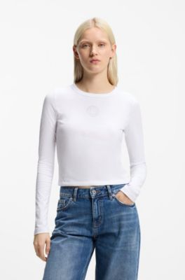 Top in cotone elasticizzato con logo Happy HUGO decorato con strass, Bianco