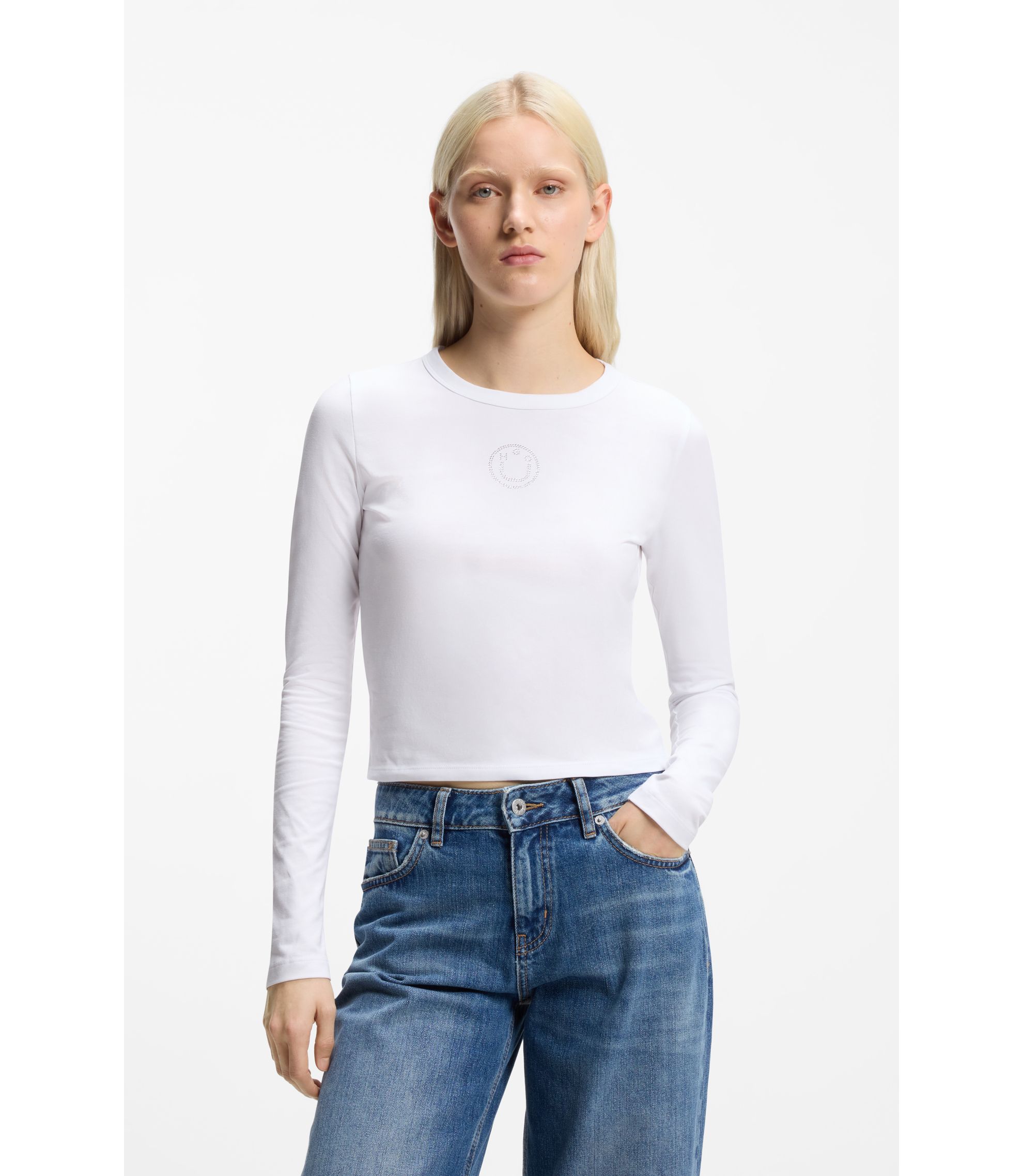 Stretch-Top aus Baumwolle mit Happy HUGO Logo und Strasssteinen