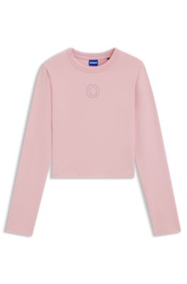 Stretch-cotton top with rhinestone Happy HUGO logo, light pink