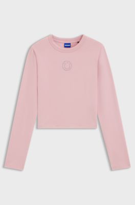Top in cotone elasticizzato con logo Happy HUGO decorato con strass, Rosa chiaro