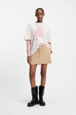 Stretch-cotton top with rhinestone Happy HUGO logo, light pink