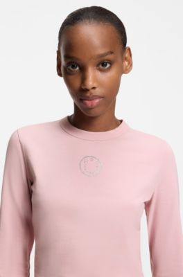 Top in cotone elasticizzato con logo Happy HUGO decorato con strass, Rosa chiaro