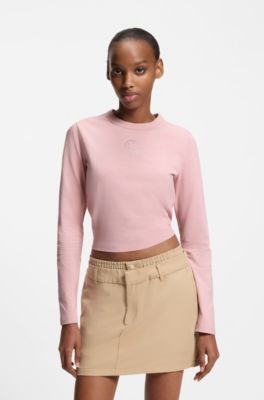 Top in cotone elasticizzato con logo Happy HUGO decorato con strass, Rosa chiaro