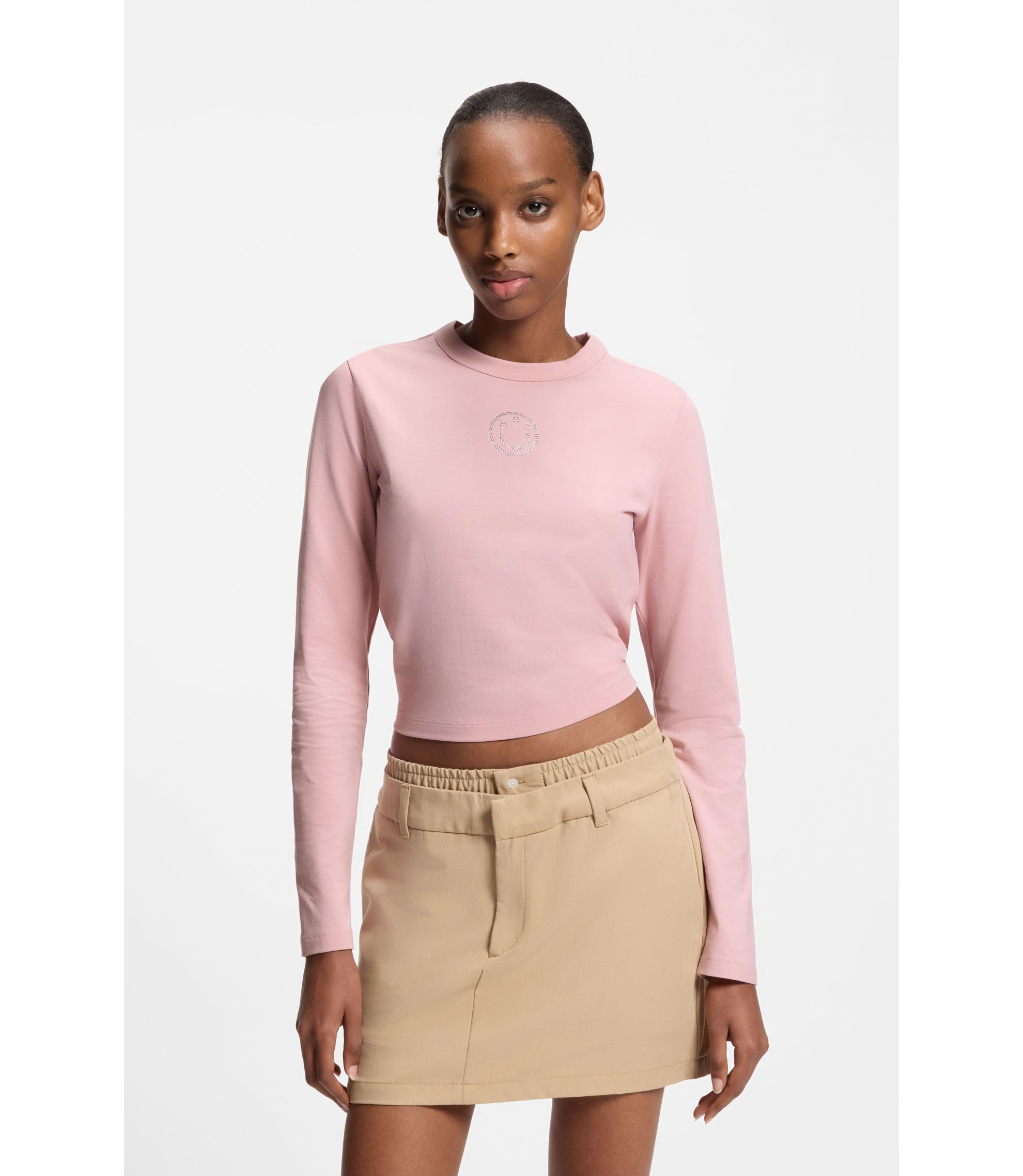 Stretch-Top aus Baumwolle mit Happy HUGO Logo und Strasssteinen