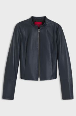 Relaxed slim-fit leather jacket with stand collar, Dark Blue