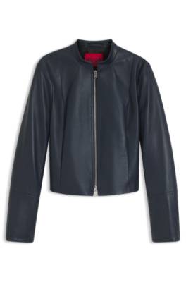 Relaxed slim-fit leather jacket with stand collar 1