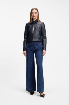 Relaxed slim-fit leather jacket with stand collar, Dark Blue