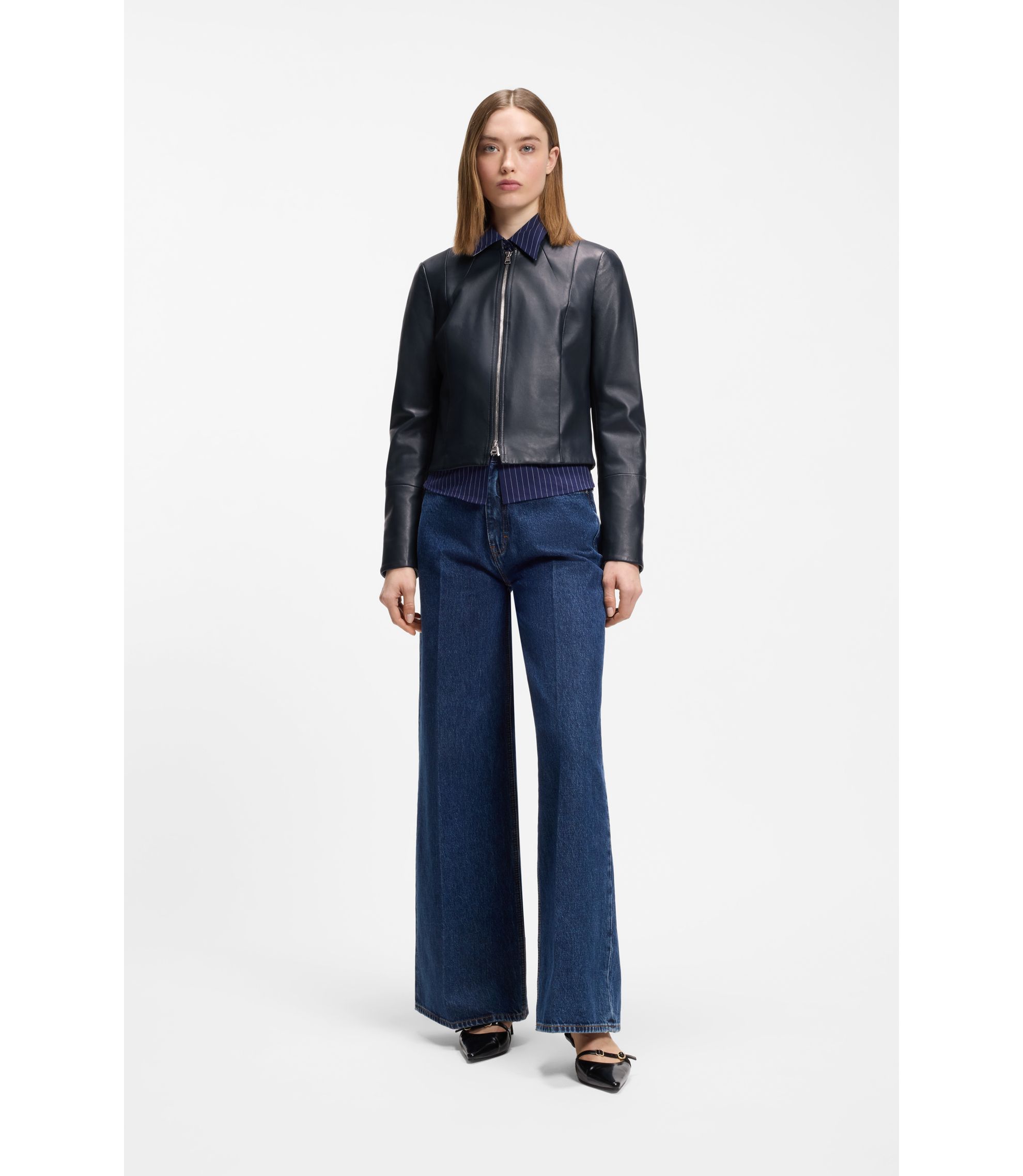 HUGO - Relaxed slim-fit leather jacket with stand collar - Blue