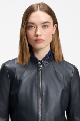 Relaxed slim-fit leather jacket with stand collar, Dark Blue