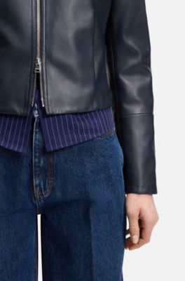 Relaxed slim-fit leather jacket with stand collar, Dark Blue