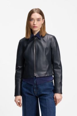 Relaxed slim-fit leather jacket with stand collar, Dark Blue