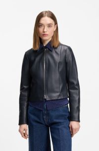 Relaxed slim-fit leather jacket with stand collar, Blue