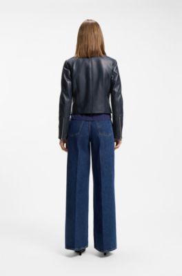 Relaxed slim-fit leather jacket with stand collar, Dark Blue