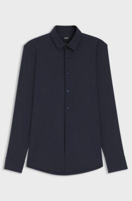 Slim-fit shirt in performance-stretch jersey, Dark Blue