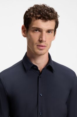 Slim-fit shirt in performance-stretch jersey, Dark Blue