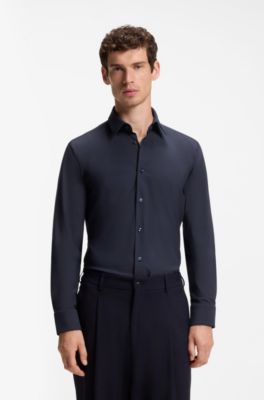 Slim-fit shirt in performance-stretch jersey, Dark Blue