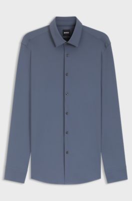 Slim-fit shirt in performance-stretch jersey, Blue