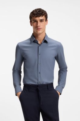 Slim-fit shirt in performance-stretch jersey, Blue