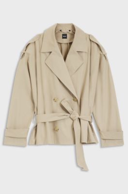 Korte jas met riem van katoenen popeline, Lichtbeige