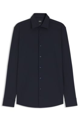 Slim-fit shirt in performance-stretch structured jersey, Dark Blue