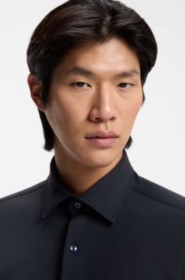 Slim-fit shirt in performance-stretch structured jersey, Dark Blue