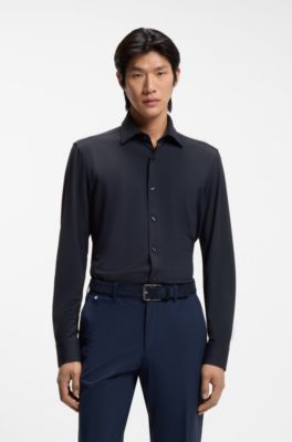 Slim-fit shirt in performance-stretch structured jersey, Dark Blue