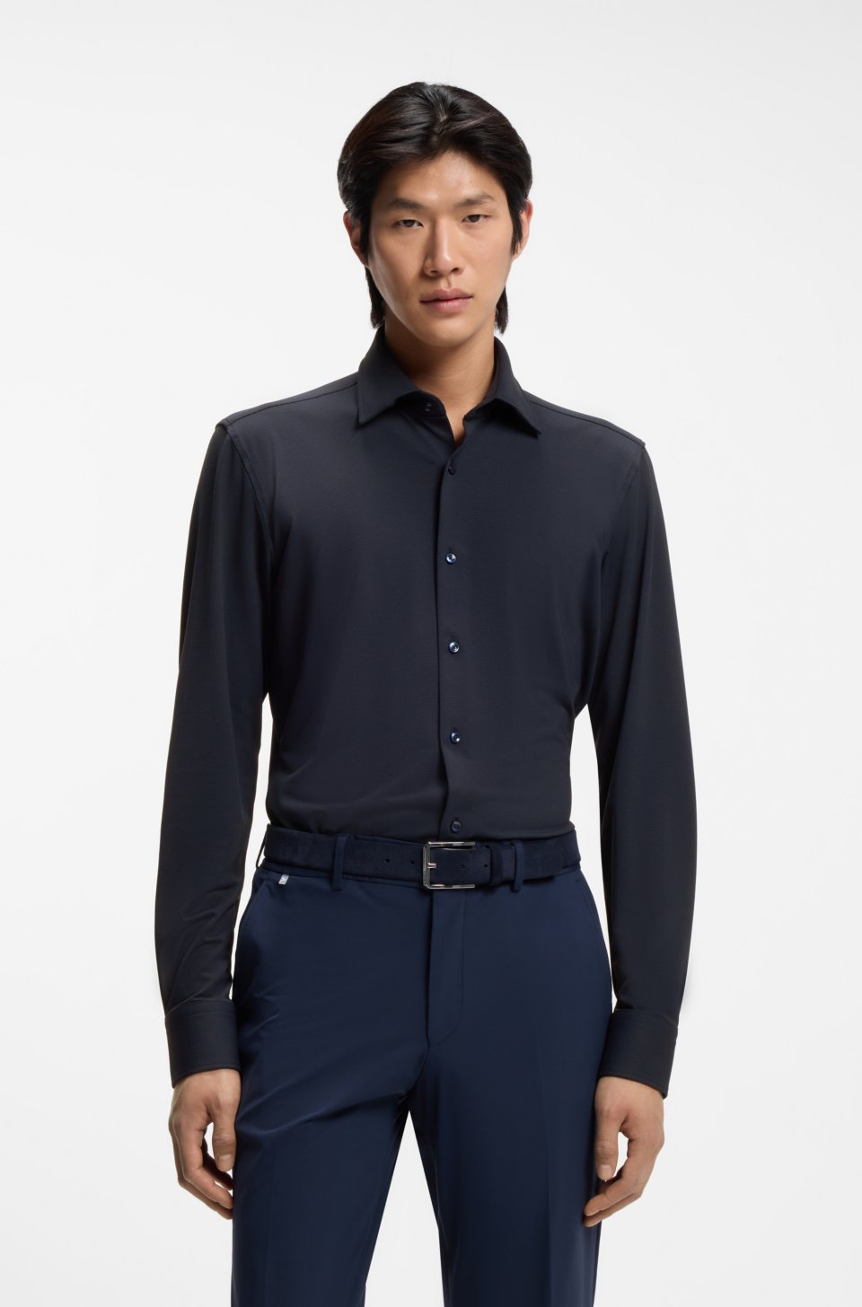 Slim-fit shirt in performance-stretch structured jersey