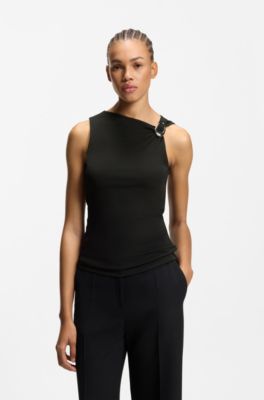 Sleeveless top with logo buckle detail, Black