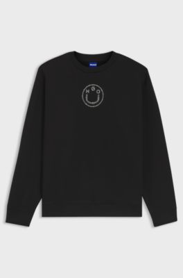 Cotton sweatshirt with rhinestone Happy HUGO logo, Black