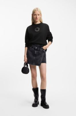 Cotton sweatshirt with rhinestone Happy HUGO logo, Black