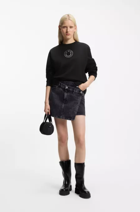 Cotton sweatshirt with rhinestone Happy HUGO logo