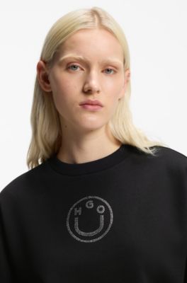 Cotton sweatshirt with rhinestone Happy HUGO logo, Black