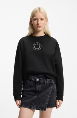 Cotton sweatshirt with rhinestone Happy HUGO logo, Black