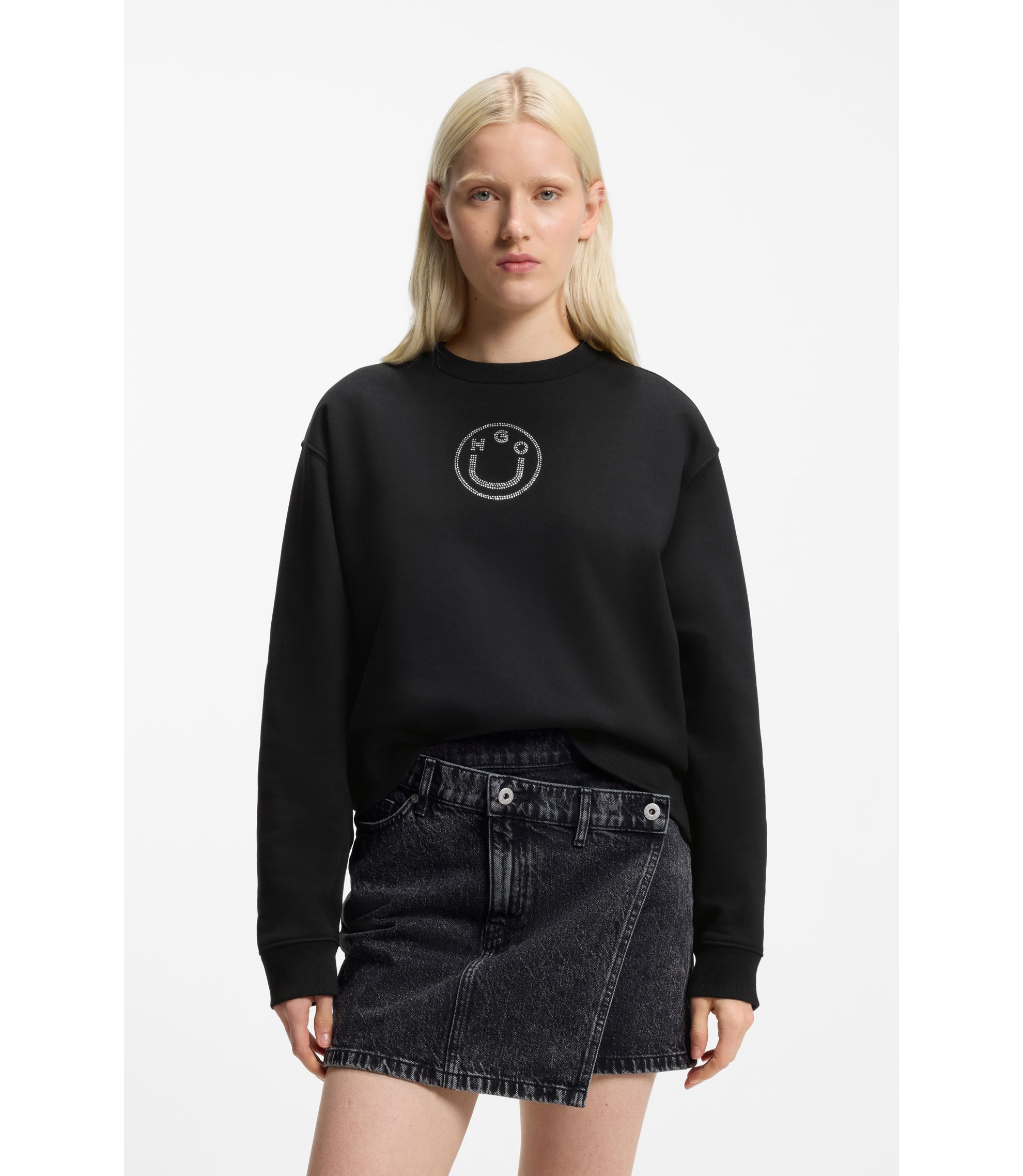 Sweatshirt aus Baumwolle mit Happy HUGO Logo aus Strasssteinen