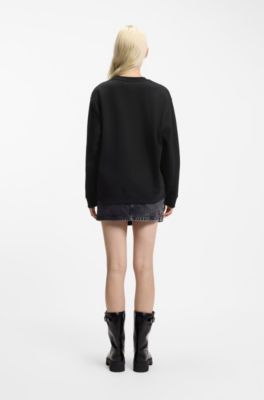 Cotton sweatshirt with rhinestone Happy HUGO logo, Black