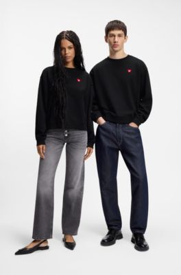All-gender Cotton-terry sweatshirt with heart logo, Black