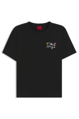 Cotton-jersey T-shirt with floral artwork, Black