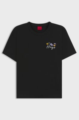 コットンジャージー Tシャツ フローラルアートワーク, ブラック
