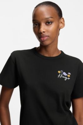 コットンジャージー Tシャツ フローラルアートワーク, ブラック