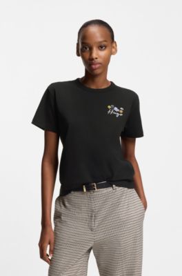 コットンジャージー Tシャツ フローラルアートワーク, ブラック