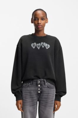 Cotton-terry sweatshirt with heart logo, Black