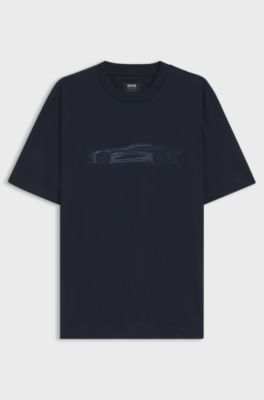 BOSS x ASTON MARTIN &ndash; T-shirt i merceriserad bomull med bilmotiv, M&ouml;rkbl&aring;