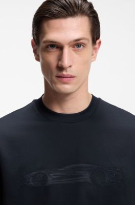 BOSS x ASTON MARTIN T-shirt van gemerceriseerde katoen met auto-artwork, Donkerblauw