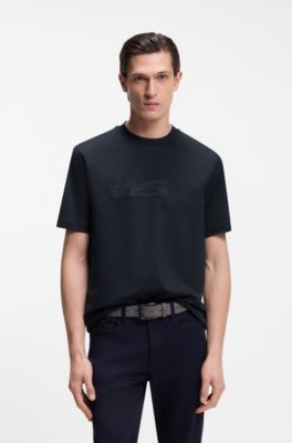 Camiseta BOSS x ASTON MARTIN de algod&oacute;n mercerizado con dise&ntilde;o de coche, Azul oscuro