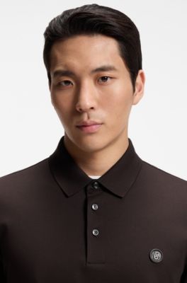 Mercerised-cotton polo shirt with Double B monogram, Dark Brown