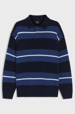 Cotton-blend knit polo with block stripes, Dark Blue